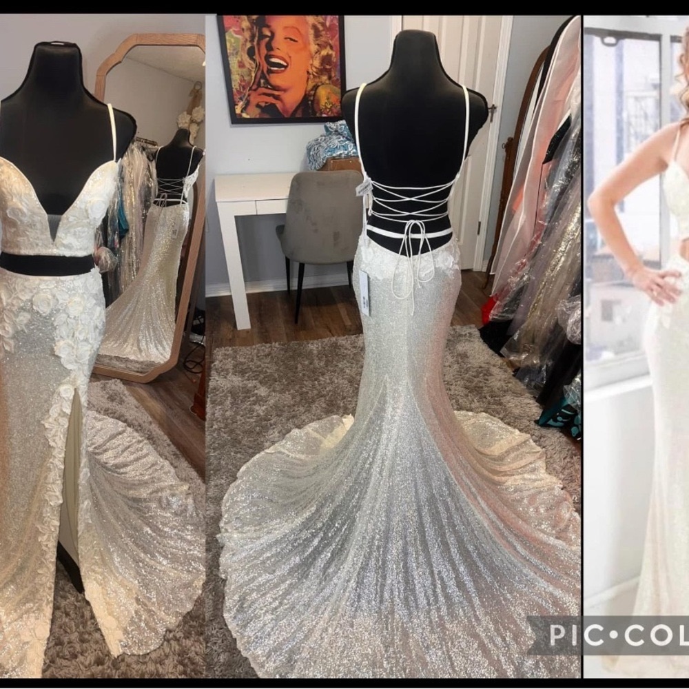 NWT Jovani 2 piece Elegant off white/cream Sequin Gown with lace details sz 2